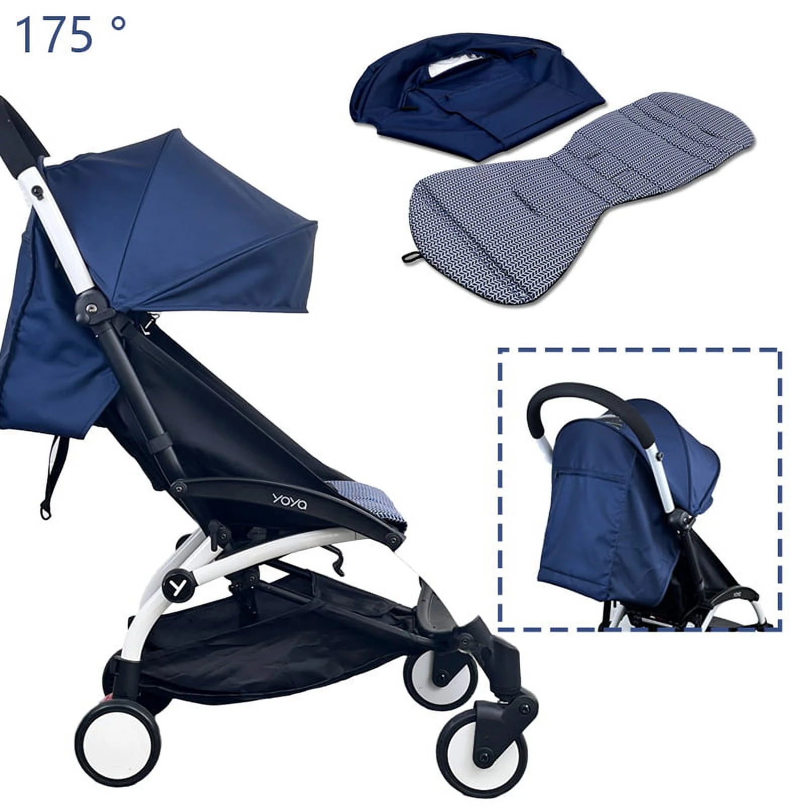 175 Degrees Stroller Hood & Mattress for  Yoyo2 Yoya Baby Stroller Accessories with Back Zipper Pocket Cushion for Yoyo
