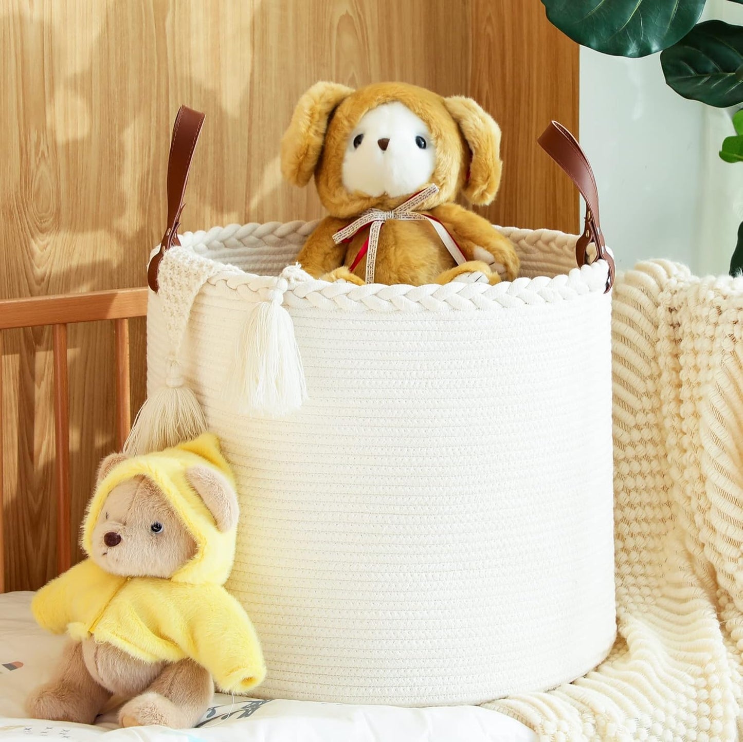 Large Blanket Basket (18"X16"),Woven Baby Laundry Hamper,Cotton Rope Blanket Basket for Nursery, Laundry, Living Room, Pillows, Baby Toy Chest with Leather Handles (White)