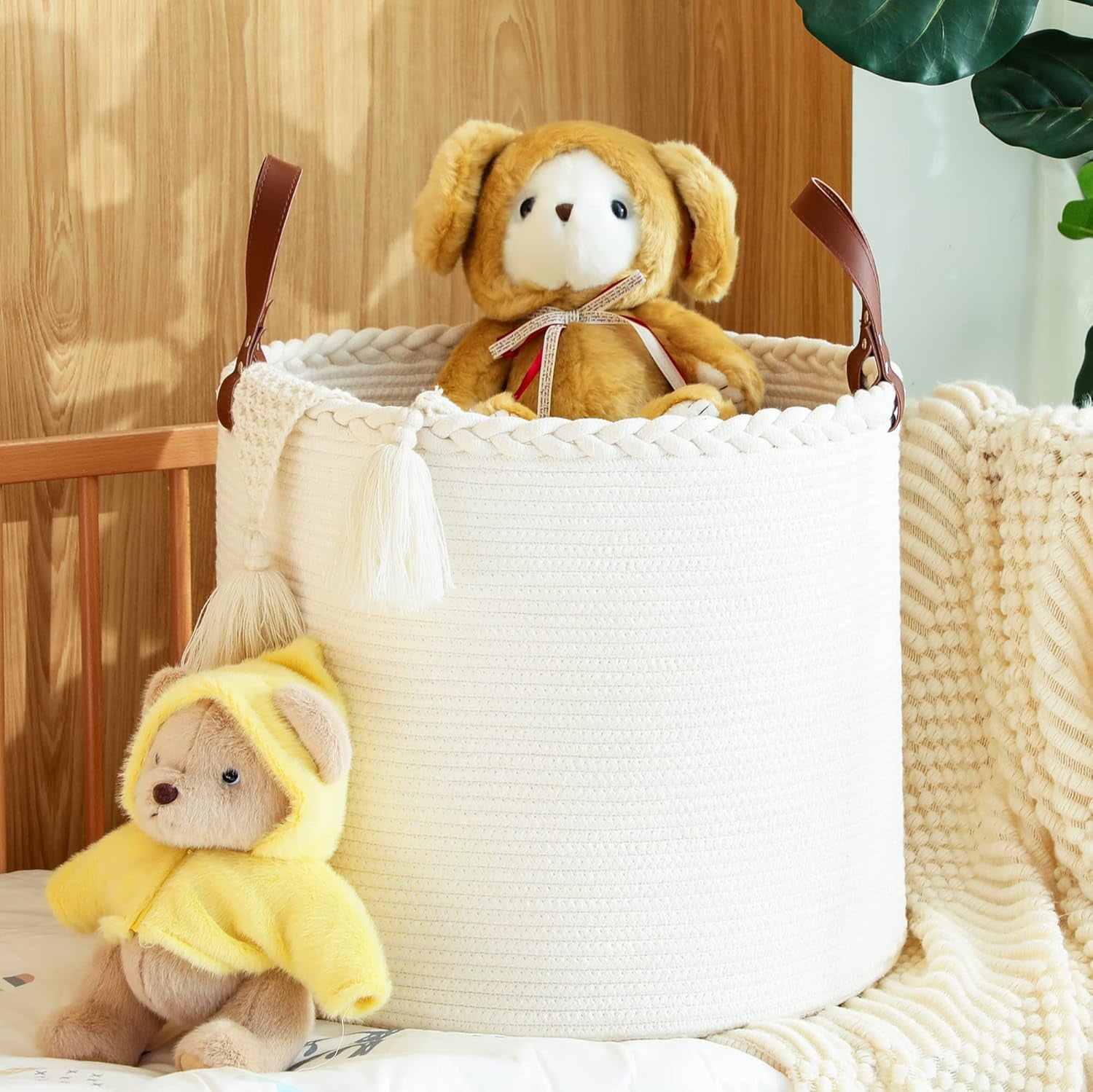 Large Blanket Basket (18"X16"),Woven Baby Laundry Hamper,Cotton Rope Blanket Basket for Nursery, Laundry, Living Room, Pillows, Baby Toy Chest with Leather Handles (White)