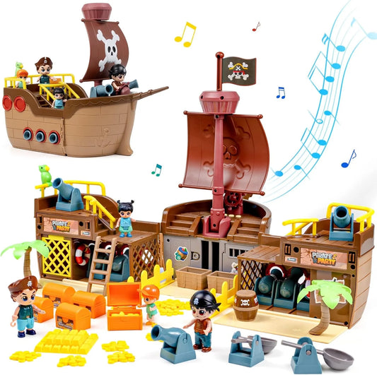 Brown Pirate Boat Toys for Kids, Toy Ship for Pirate Playhouse, Creative Building Toys, Great Birthday Gift for Boys & Girls Ages 3+