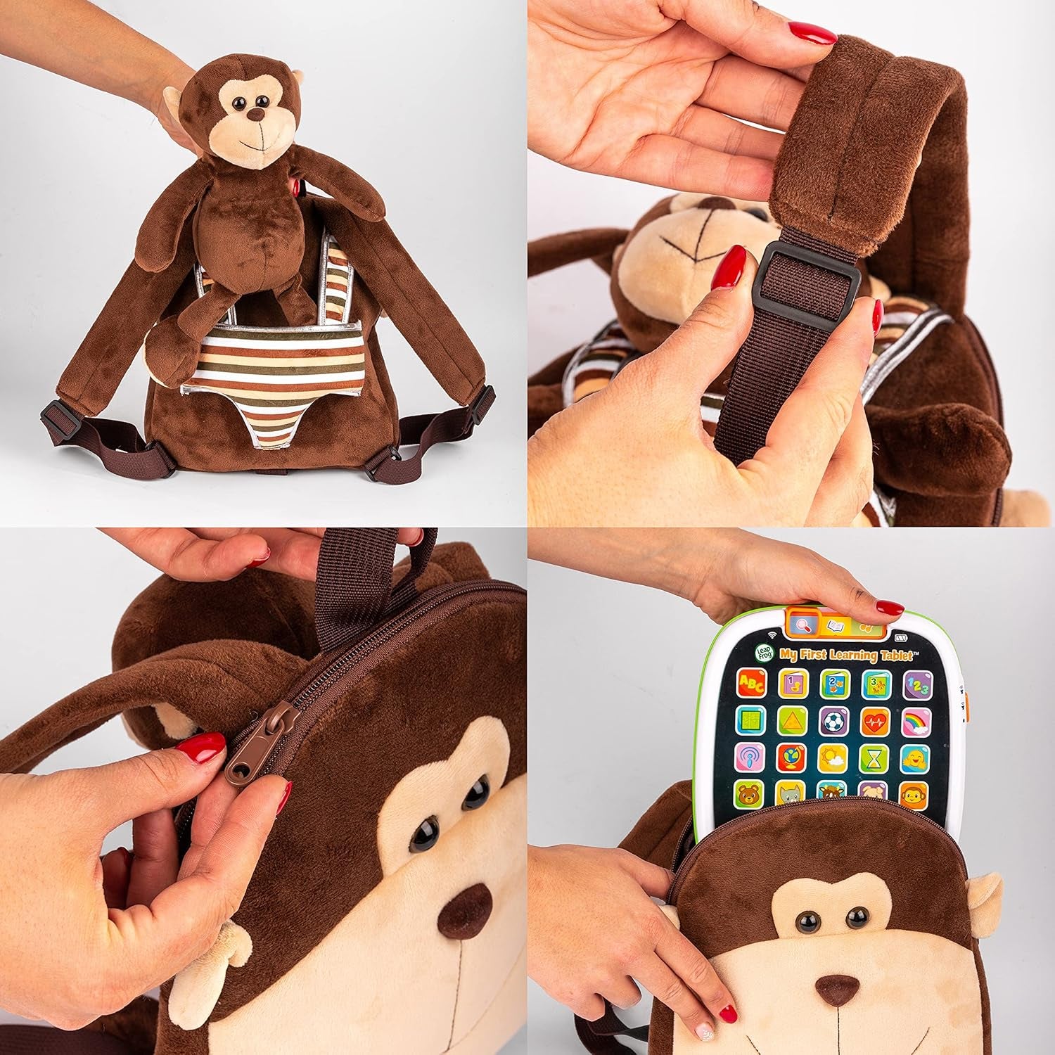 Cute Monkey Backpack with Leash Kids Stuffed Animal Backpack for Boys and Girls 2-5 Years Old with Plush Toy (Brown)