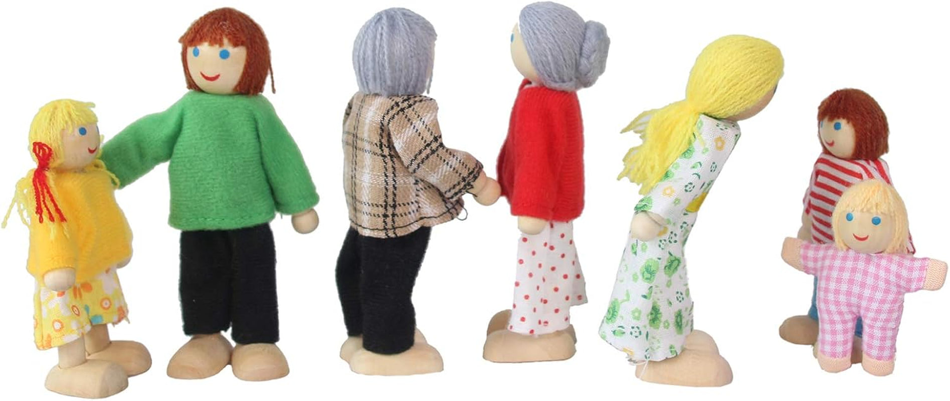 Wooden Doll House Family, 7 Miniature Figures - Dress-Up Characters: Grandpa, Grandma, Mom, Dad, Boy, Girl