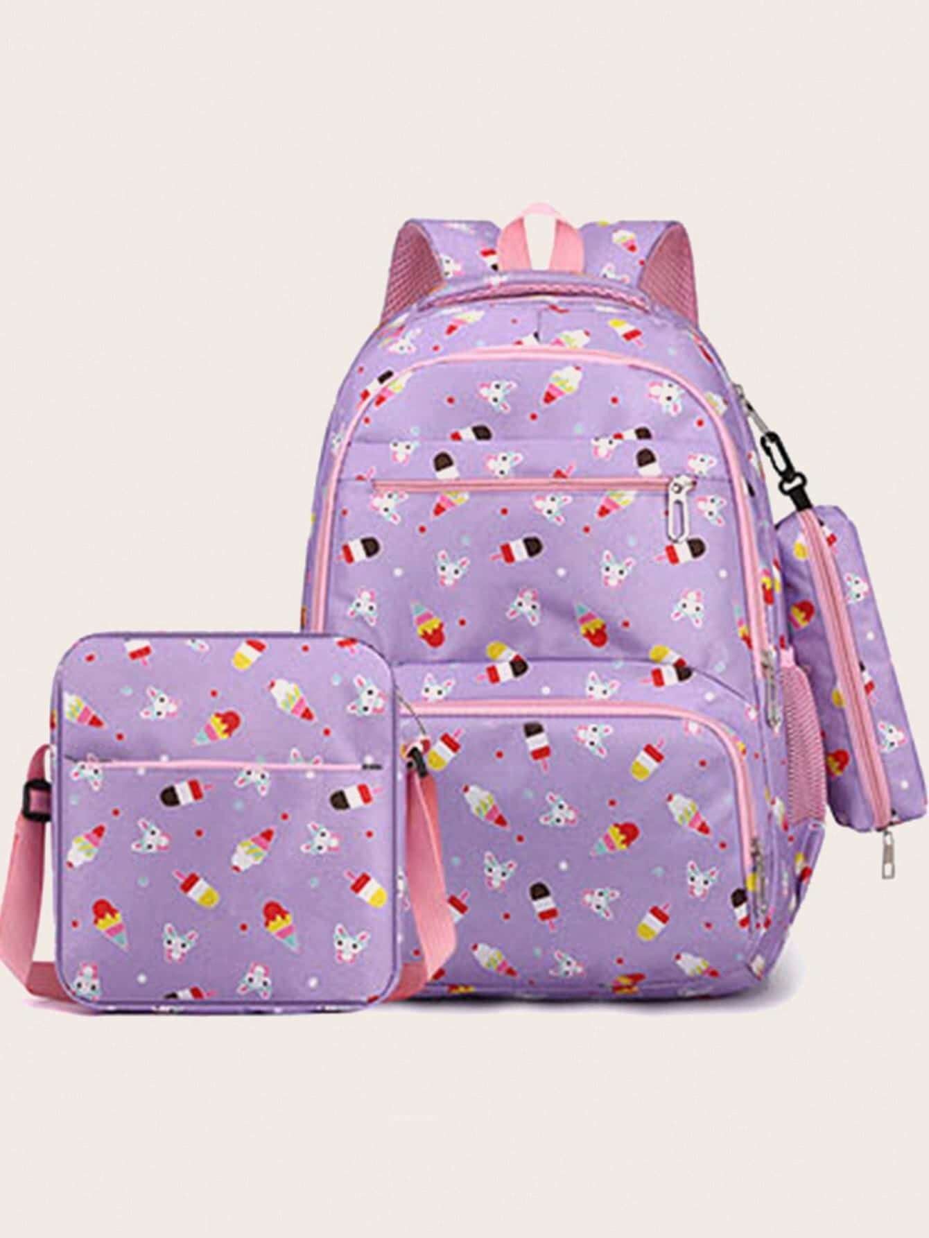 3Pcs Ice Cream Pattern Fashionable Backpack with Shoulder Bag and Coin Purse