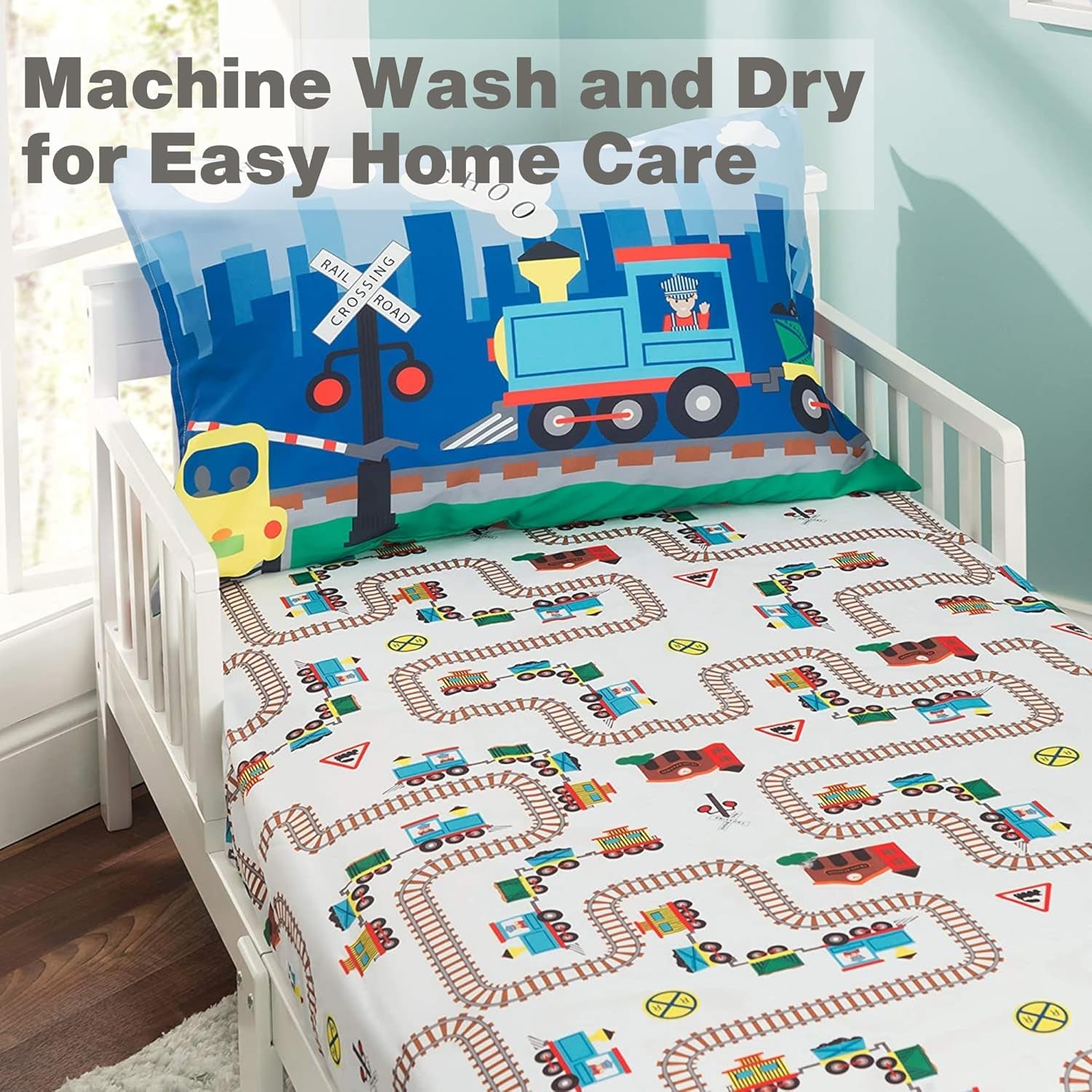 Toddler Fitted Sheet and Pillowcase Set -Choo Choo Train- Soft Breathable Microfiber Toddler Sheet Set