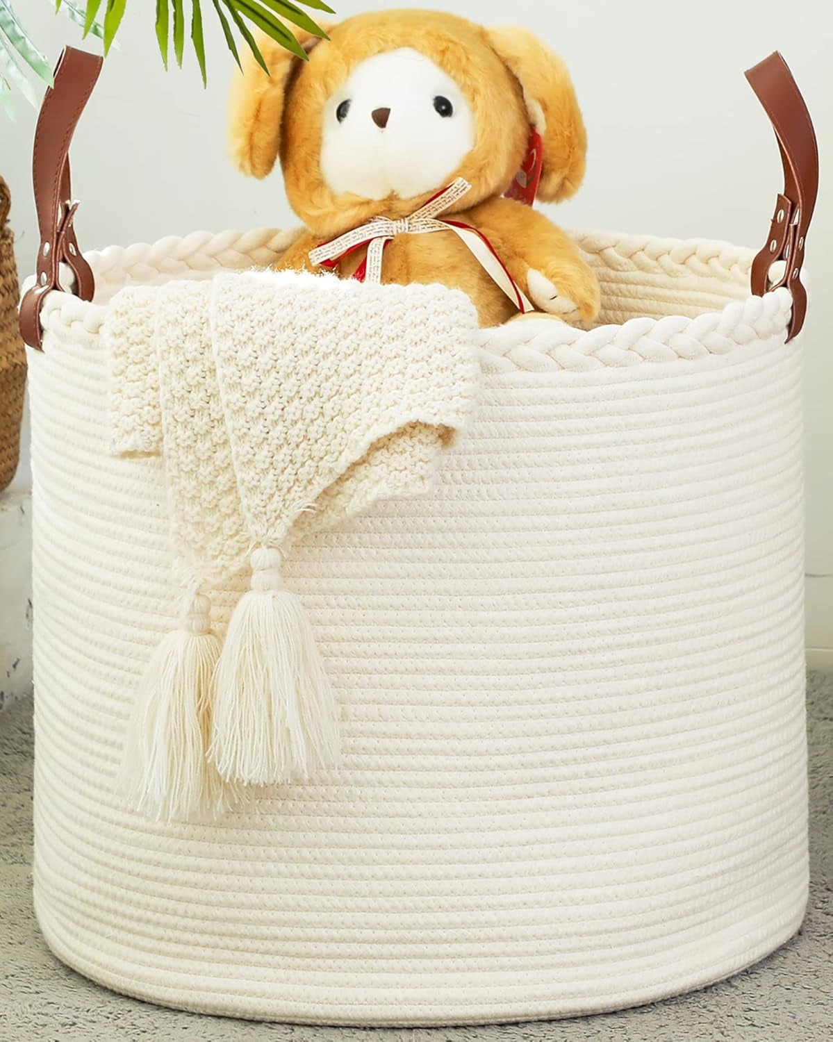 Large Blanket Basket (18"X16"),Woven Baby Laundry Hamper,Cotton Rope Blanket Basket for Nursery, Laundry, Living Room, Pillows, Baby Toy Chest with Leather Handles (White)