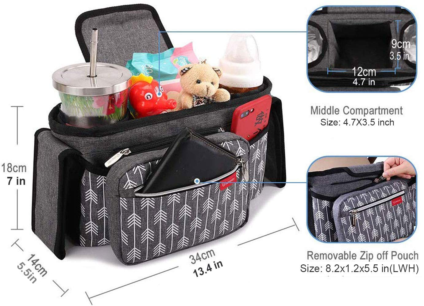 Arrow Print Grey Universal Stroller Organizer Accessory with Cup Holders, 7 Compartments, Grey