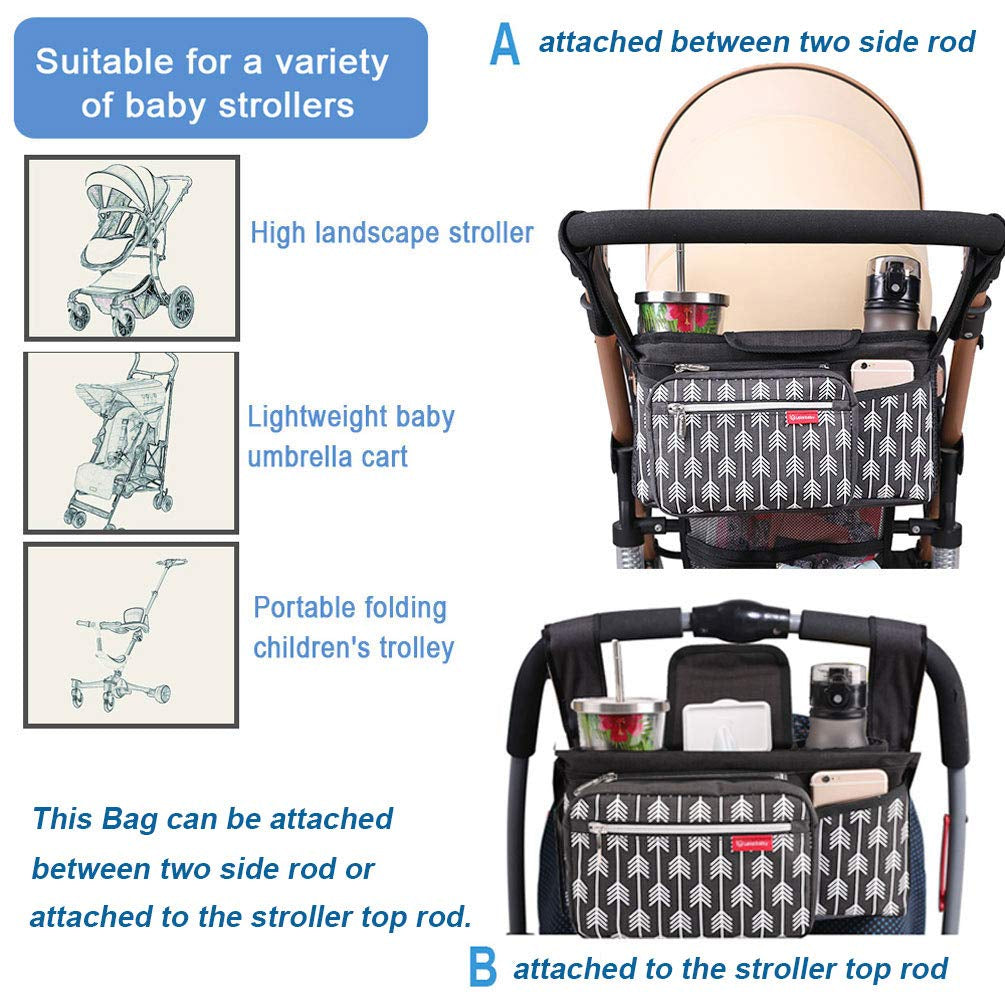 Arrow Print Grey Universal Stroller Organizer Accessory with Cup Holders, 7 Compartments, Grey