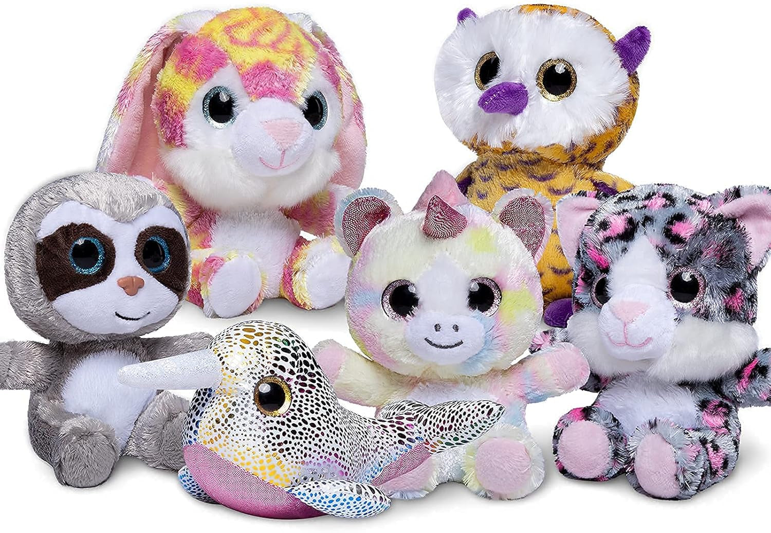 7Inch Cute Stuffed Animals Plush Toys Set, 6 Pcs Small Stuffed Animal Bulk Unicorn/Narwhal/Bunny/Owl/Sloth/Cat Plush Animal, Super Soft & Durable Stuffed Toys for Kids Girls Boys