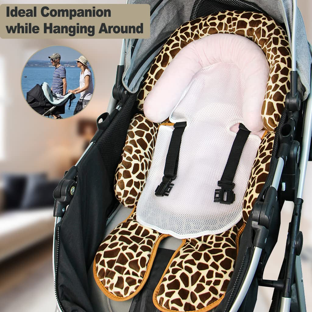 Baby Stroller Cushion, 3-In-1 Baby Head Neck Infant Car Seat Insert Soft Baby Stroller Liner Pram Head and Body Support Pillow for Newborn Perfect for Carseats, Strollers (Deer)