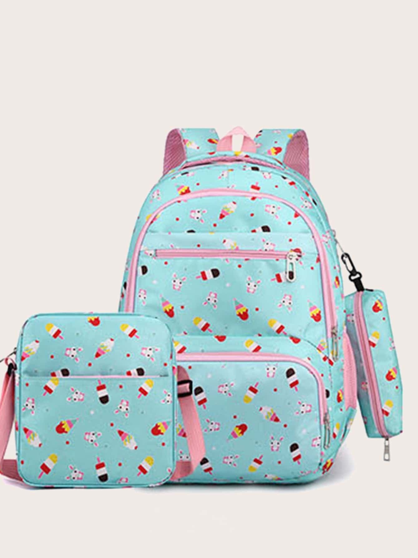 3Pcs Ice Cream Pattern Fashionable Backpack with Shoulder Bag and Coin Purse