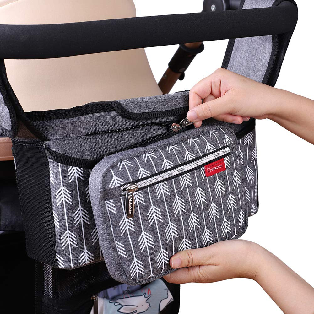 Arrow Print Grey Universal Stroller Organizer Accessory with Cup Holders, 7 Compartments, Grey