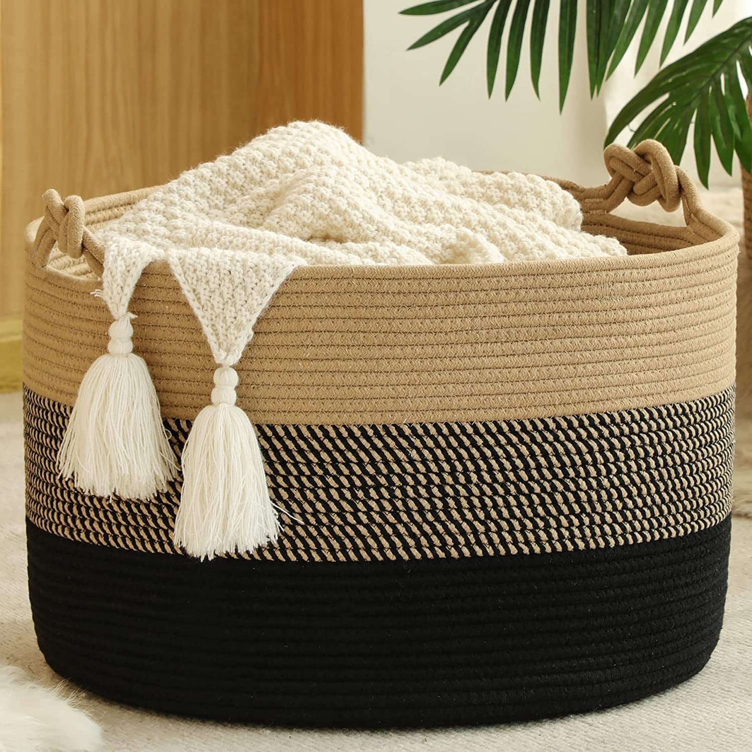 Large Blanket Basket (20"X13"),Woven Rope Baskets for Storage Baby Laundry Hamper, Cotton Rope Blanket Basket for Living Room, Laundry, Nursery, Pillows,Baby Toy Chest (Jute/Black)