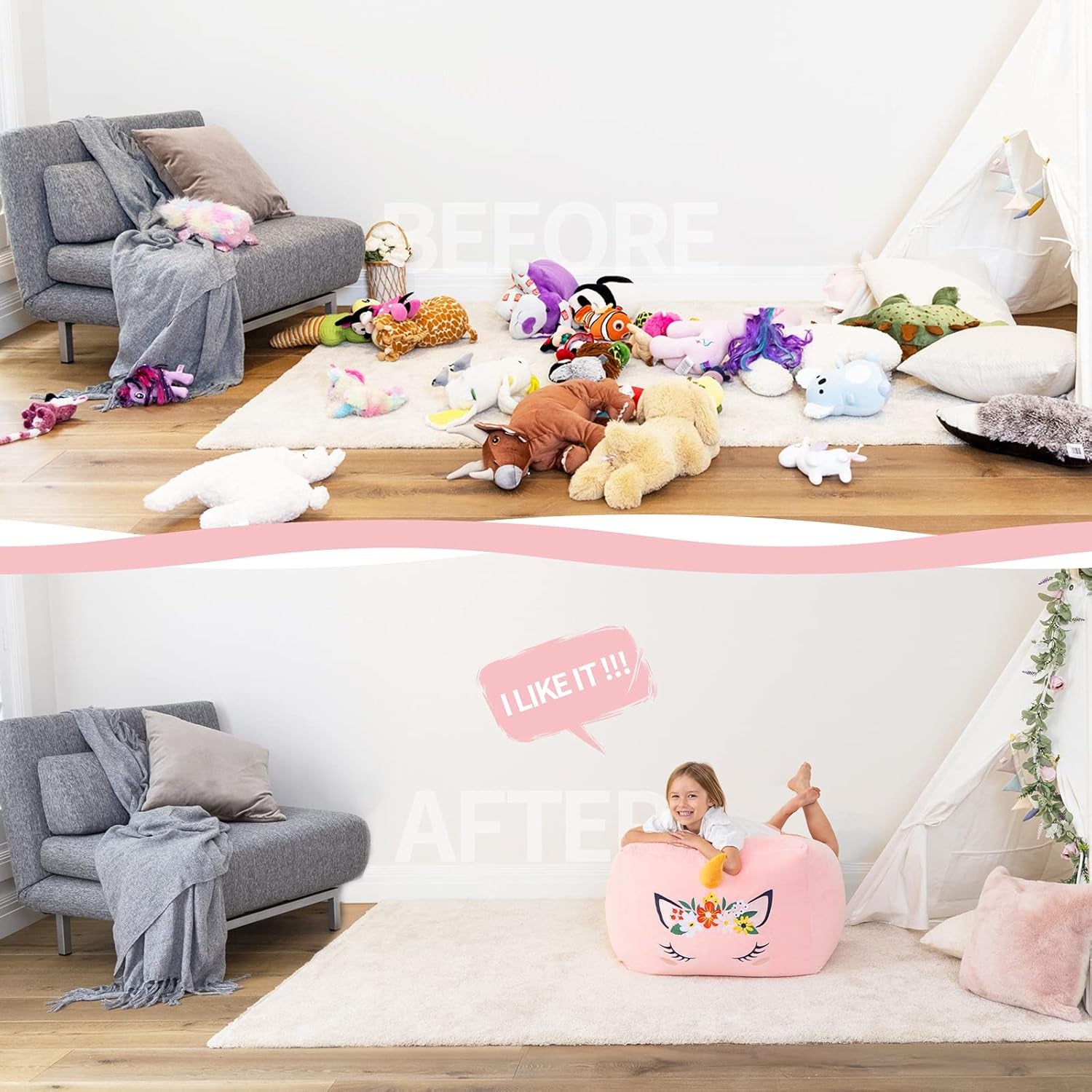 Unicorn Stuffed Animal Storage Bean Bag Chair for Kids, Velvet Extra Soft Beanbag Chairs Cover, X-Large Stuffable Zipper Bean Bag for Organizing Plush Toys Girls Bedroom Decor, Pink Floral