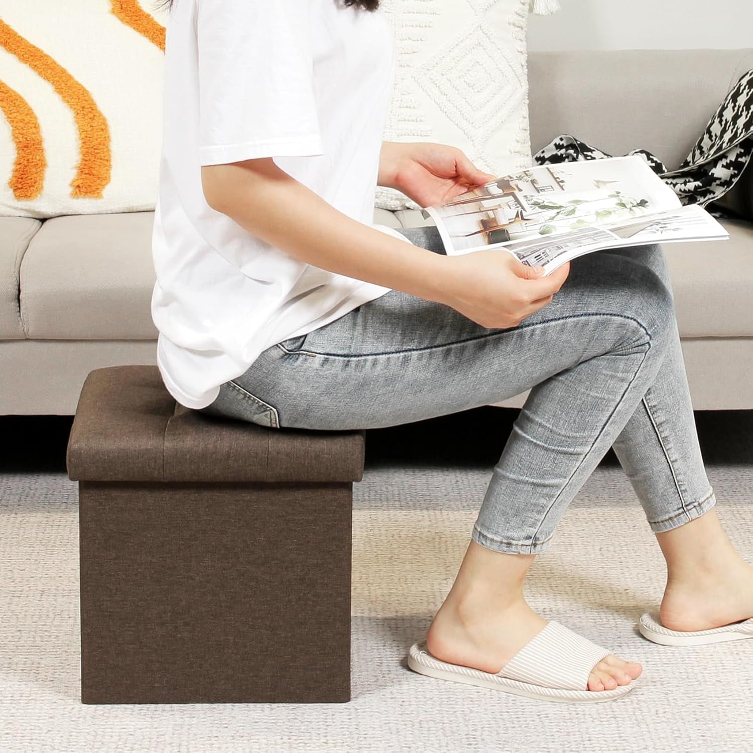 Storage Ottoman Cube, Toy Chest Folding Footrest for Living Room Seat, 12.6"X12.6"X12.6" (Linen Brown)