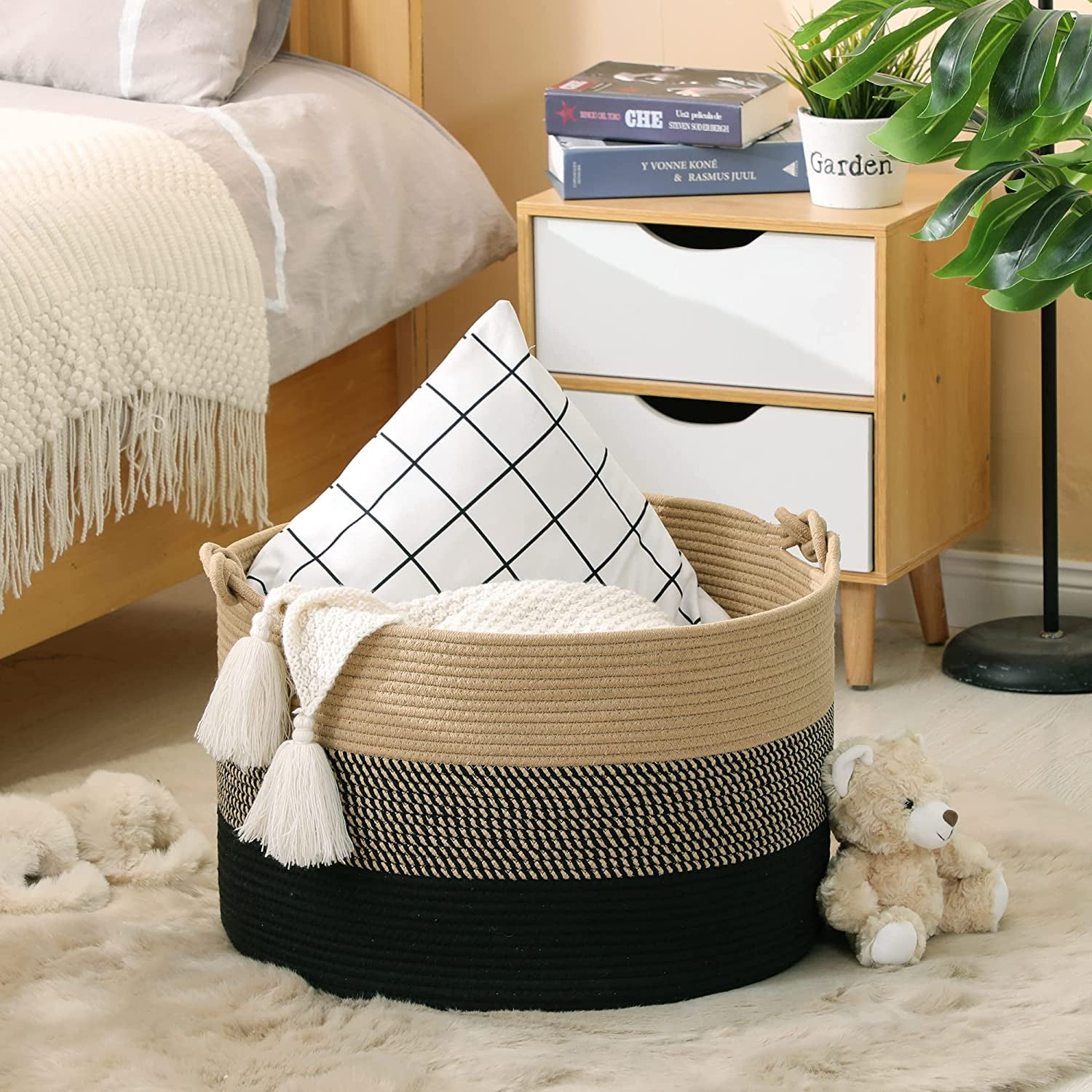 Large Blanket Basket (20"X13"),Woven Rope Baskets for Storage Baby Laundry Hamper, Cotton Rope Blanket Basket for Living Room, Laundry, Nursery, Pillows,Baby Toy Chest (Jute/Black)