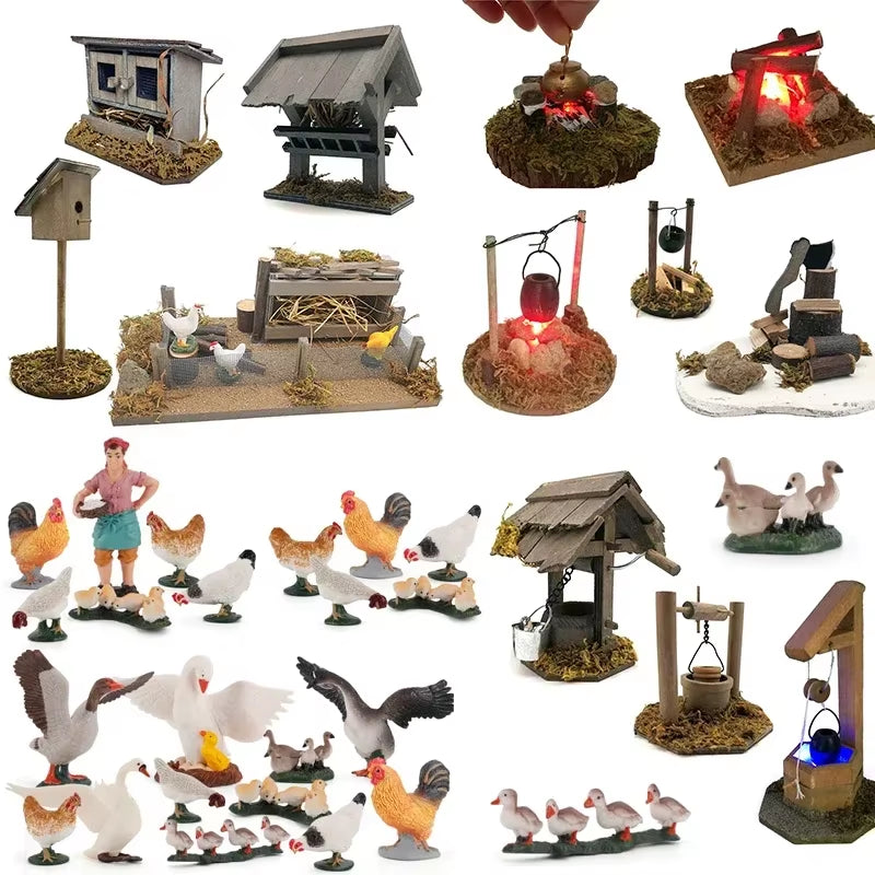 Doll House Mini Wooden Chicken House Mini Bonfire Miniature Manger Doll House Accessories Fairy Garden Yard Decoration