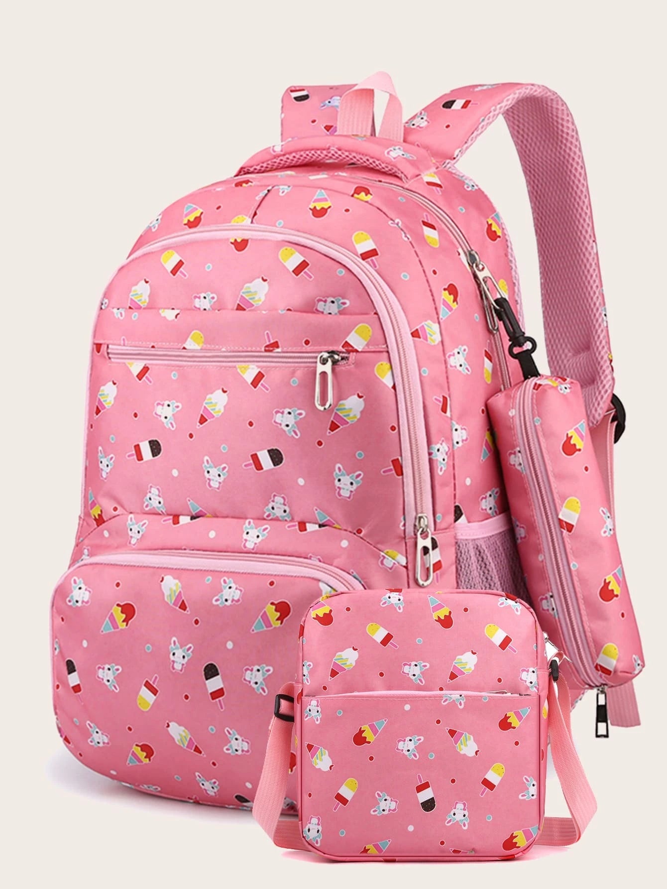 3Pcs Ice Cream Pattern Fashionable Backpack with Shoulder Bag and Coin Purse