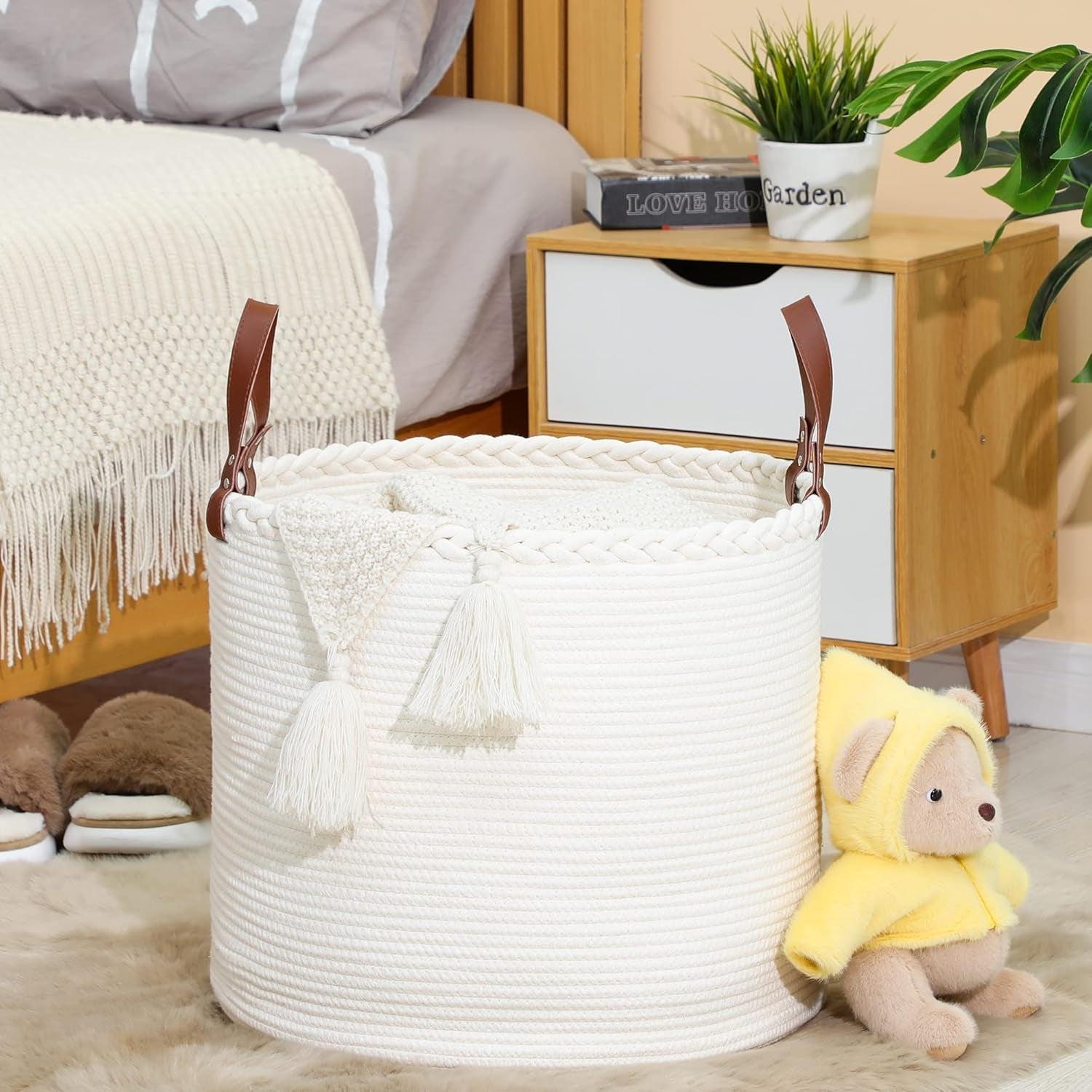 Large Blanket Basket (18"X16"),Woven Baby Laundry Hamper,Cotton Rope Blanket Basket for Nursery, Laundry, Living Room, Pillows, Baby Toy Chest with Leather Handles (White)
