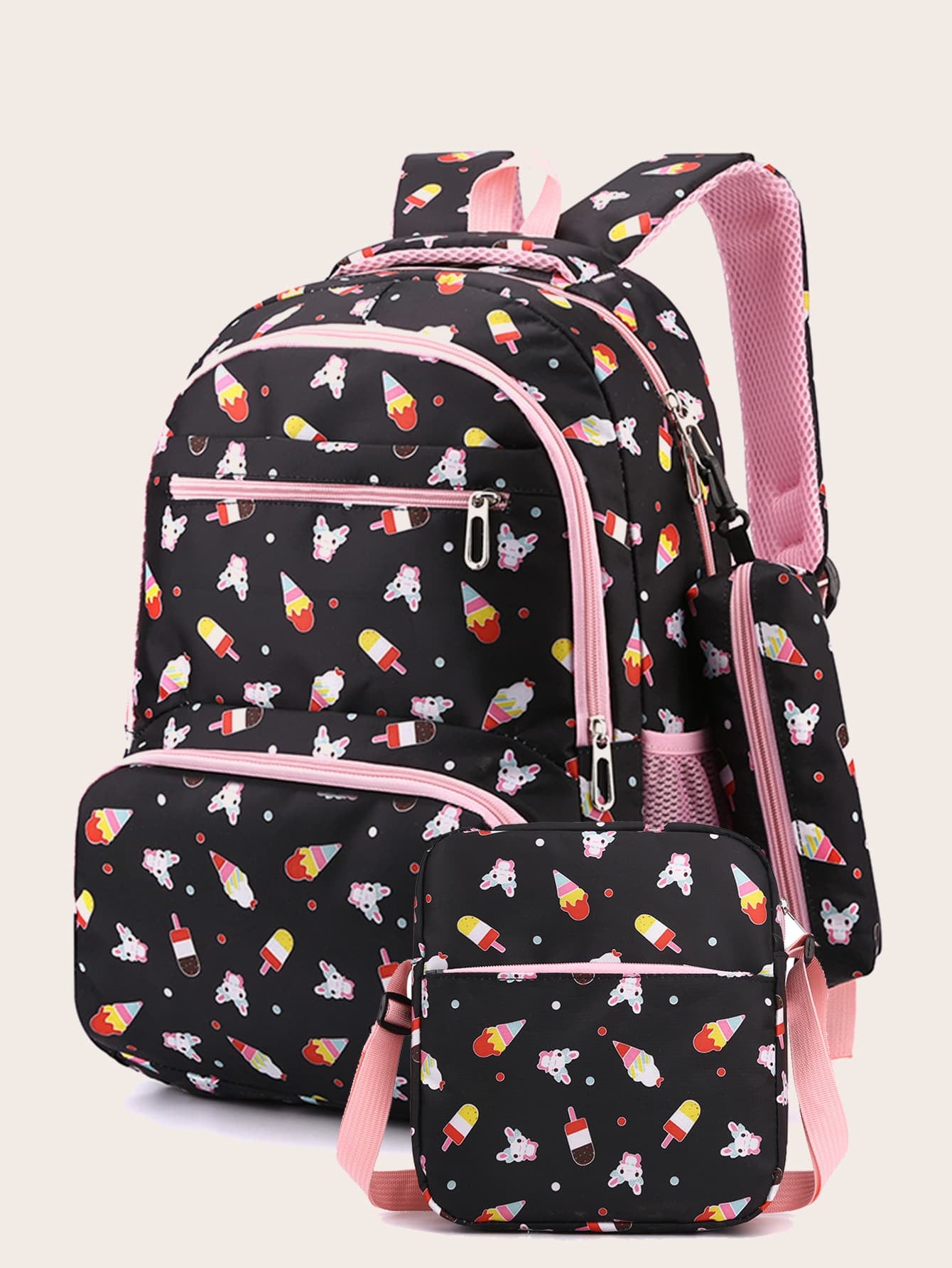 3Pcs Ice Cream Pattern Fashionable Backpack with Shoulder Bag and Coin Purse