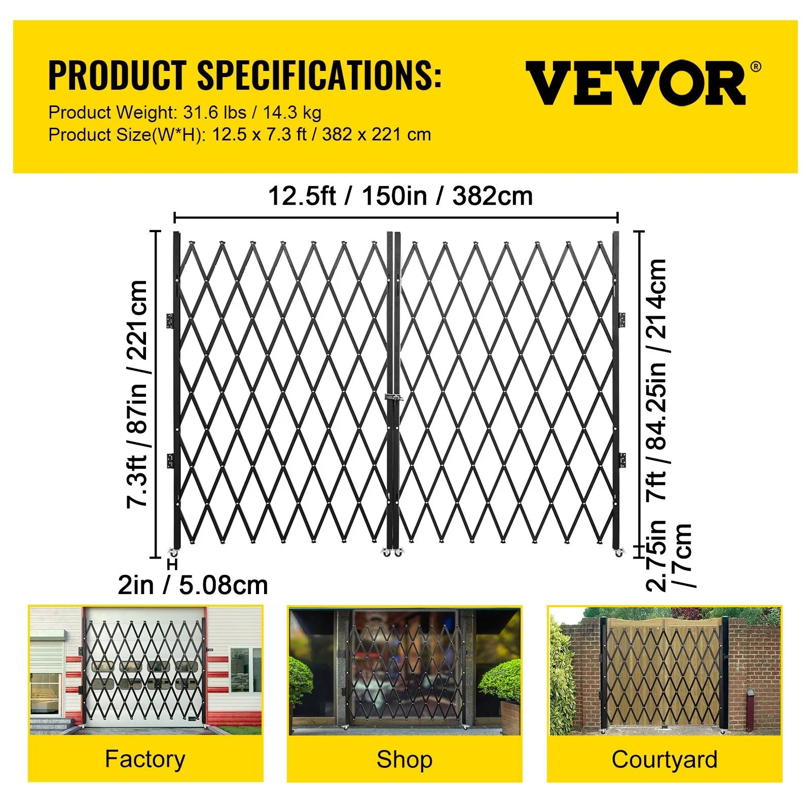 VEVOR Double Folding Security Gate, 7.1' H X 12.5' W Folding Door Gate, Steel Accordion Security Gate, Flexible Expanding Security Gate, 360¡Ã Rolling Barricade Gate, Scissor Gate or Door with Keys