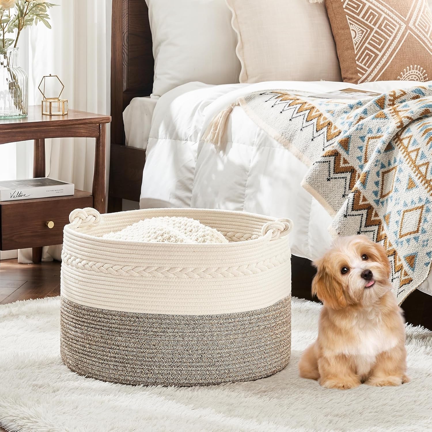 Large Blanket Basket (20"X13"),Woven Baskets for Storage Baby Laundry Hamper, Cotton Rope Blanket Basket for Living Room, Laundry, Nursery, Pillows, Baby Toy Chest (White/Beige)