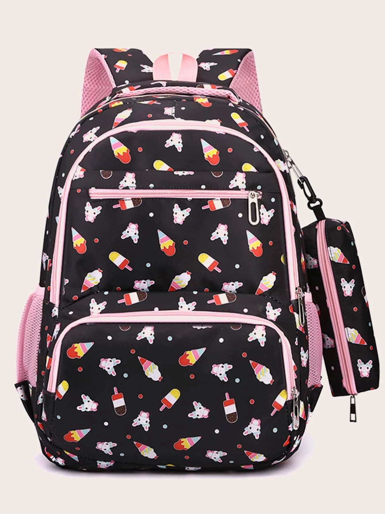 3Pcs Ice Cream Pattern Fashionable Backpack with Shoulder Bag and Coin Purse