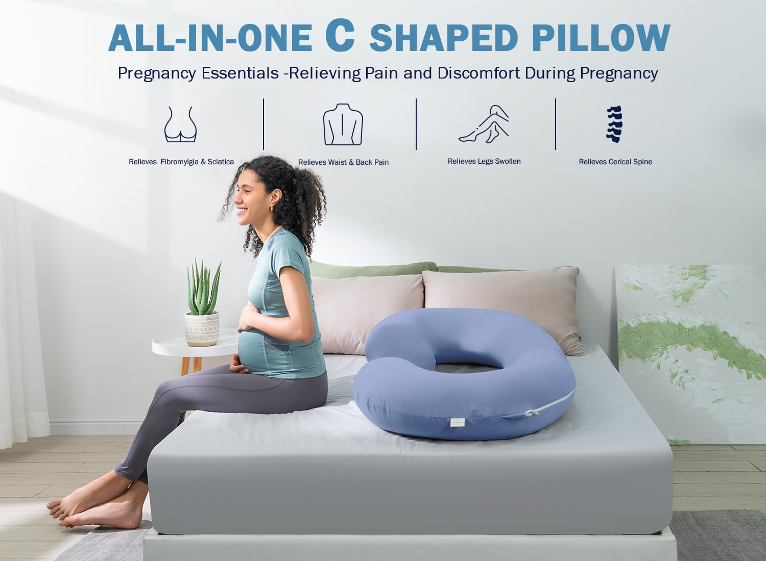 Pregnancy Pillow,Maternity Body Pillow with Velvet Cover,C Shaped for Side Sleeping (Cooling Blue)