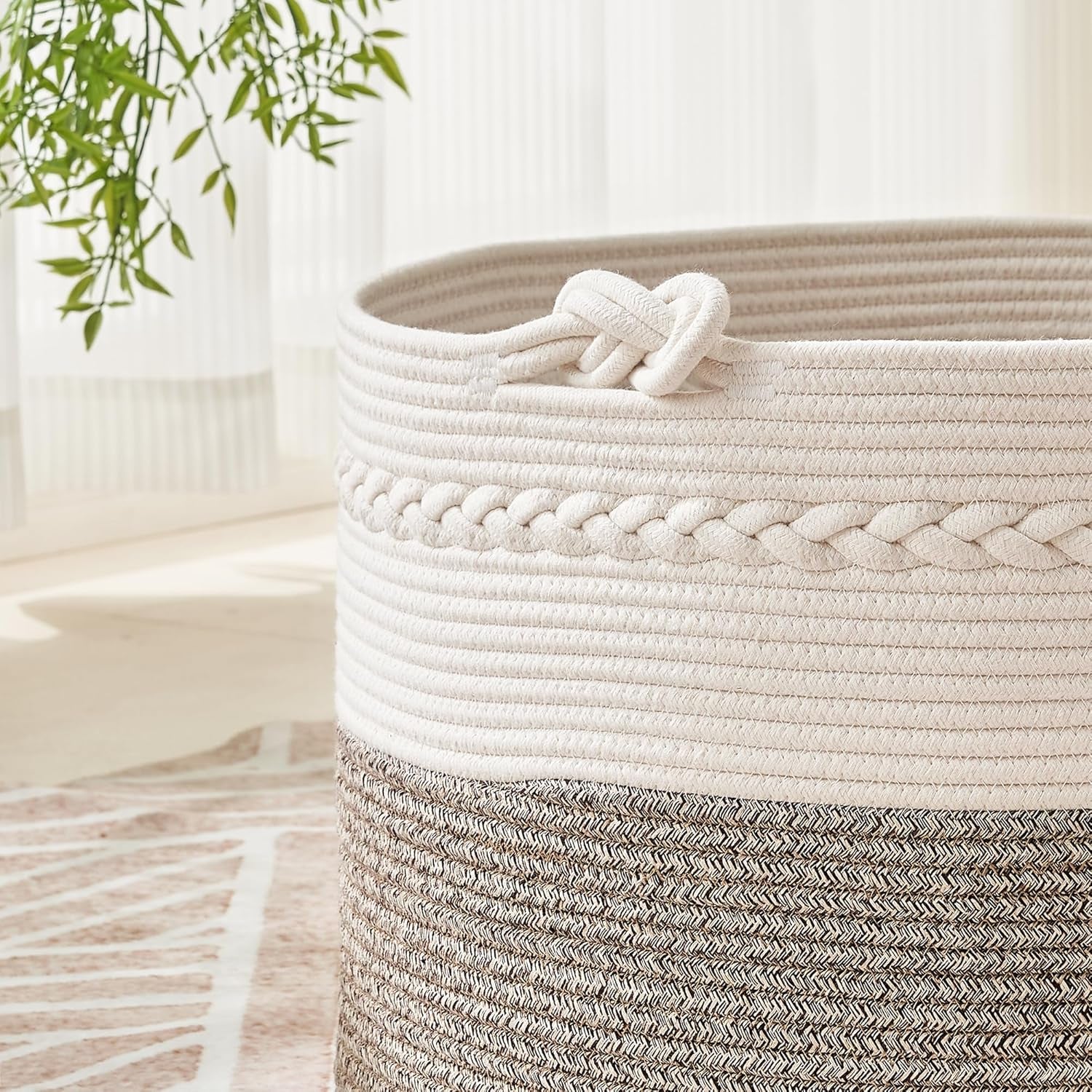 Large Blanket Basket (20"X13"),Woven Baskets for Storage Baby Laundry Hamper, Cotton Rope Blanket Basket for Living Room, Laundry, Nursery, Pillows, Baby Toy Chest (White/Beige)
