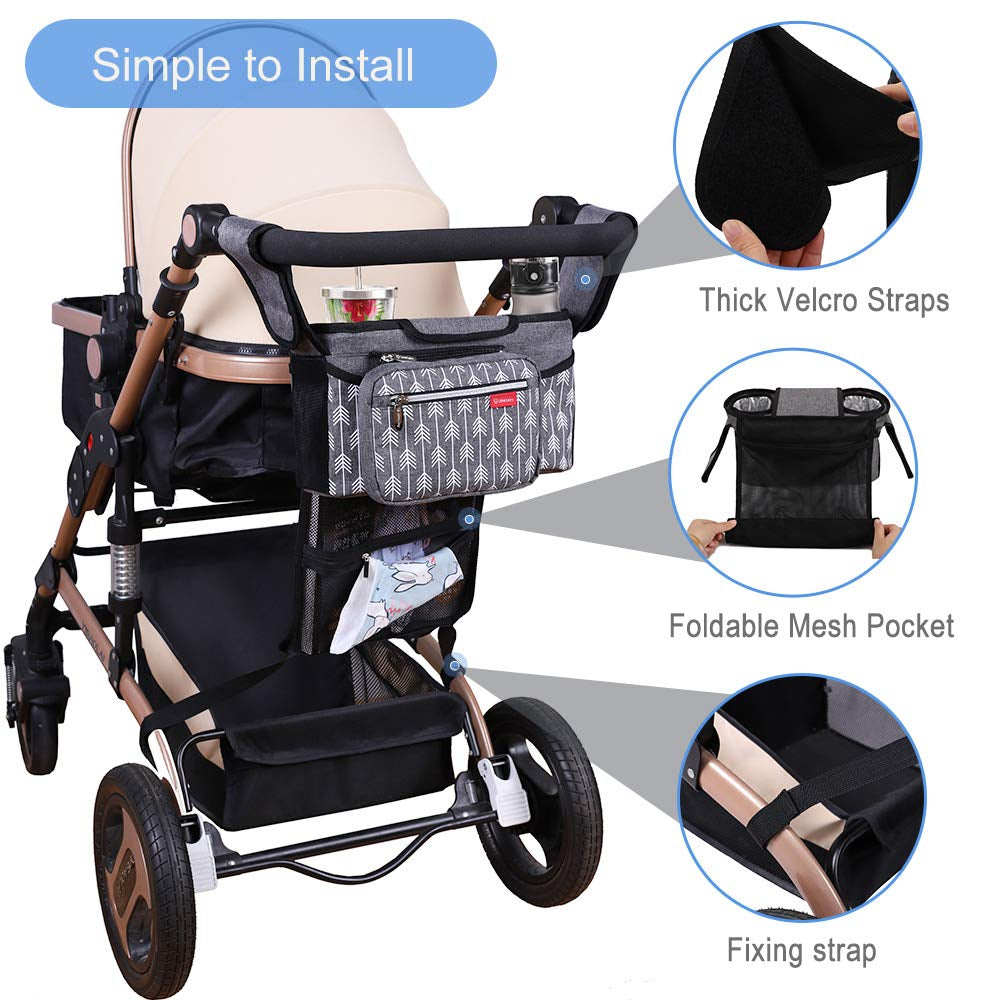 Arrow Print Grey Universal Stroller Organizer Accessory with Cup Holders, 7 Compartments, Grey