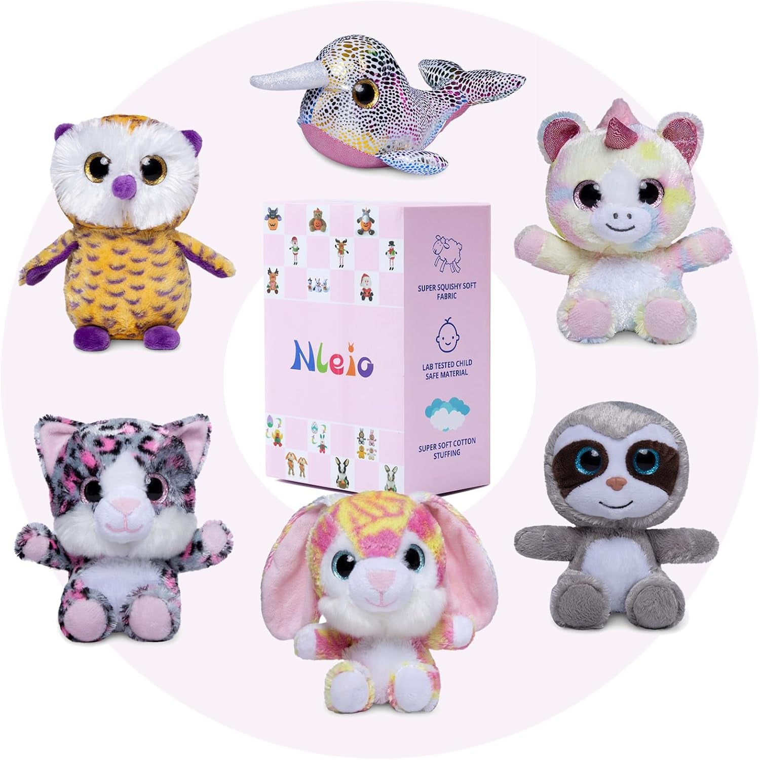7Inch Cute Stuffed Animals Plush Toys Set, 6 Pcs Small Stuffed Animal Bulk Unicorn/Narwhal/Bunny/Owl/Sloth/Cat Plush Animal, Super Soft & Durable Stuffed Toys for Kids Girls Boys