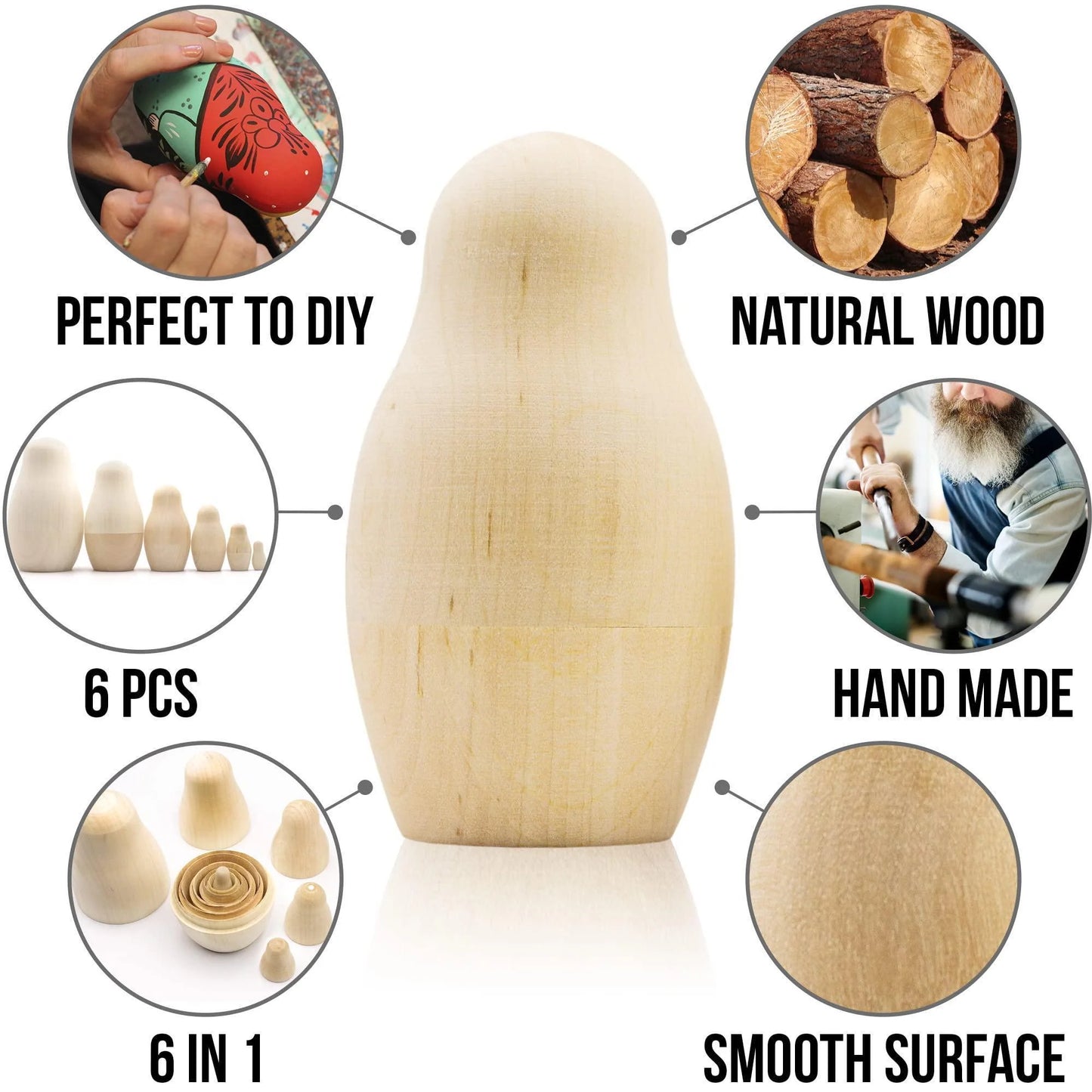 Blank Nesting Dolls Set 6 Pcs Unpainted Russian Nesting Dolls Matryoshka DIY
