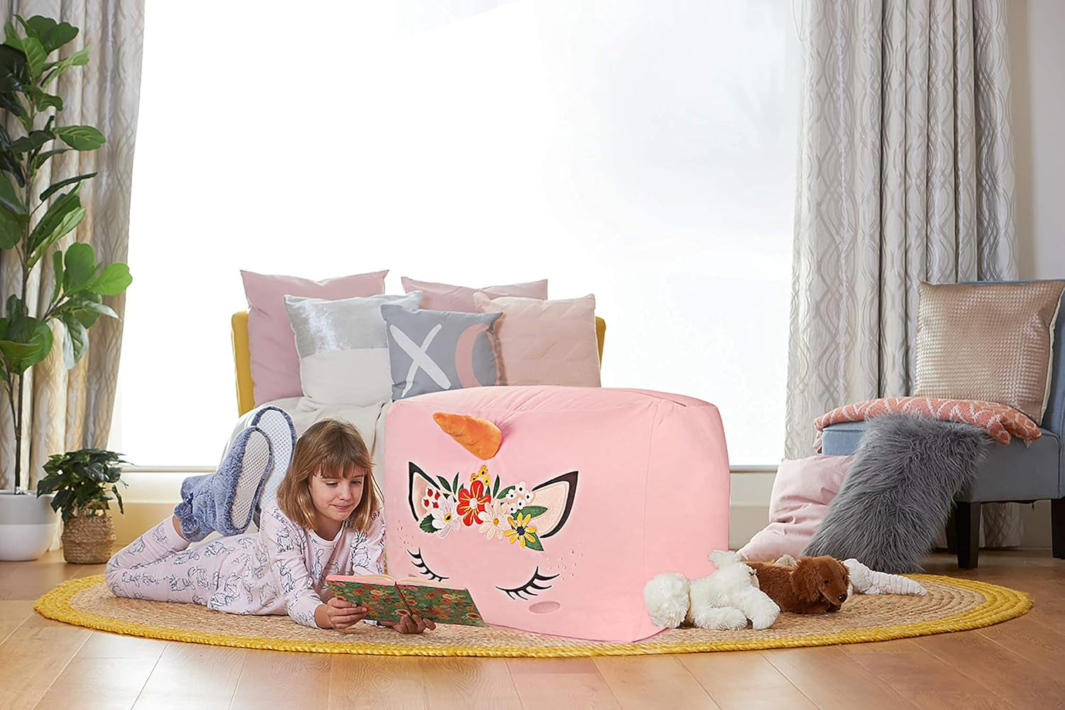 Unicorn Stuffed Animal Storage Bean Bag Chair for Kids, Velvet Extra Soft Beanbag Chairs Cover, X-Large Stuffable Zipper Bean Bag for Organizing Plush Toys Girls Bedroom Decor, Pink Floral